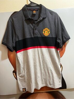 Manchester United Men's Grey, Black & White Polo with Red Stripe